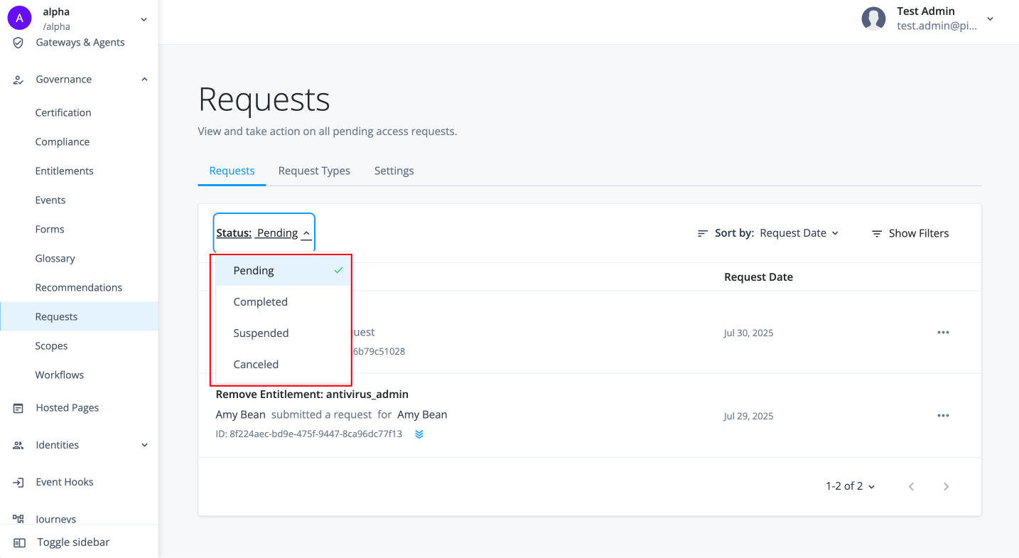Governance requests page displays pending, completed, suspended, or canceled requests.