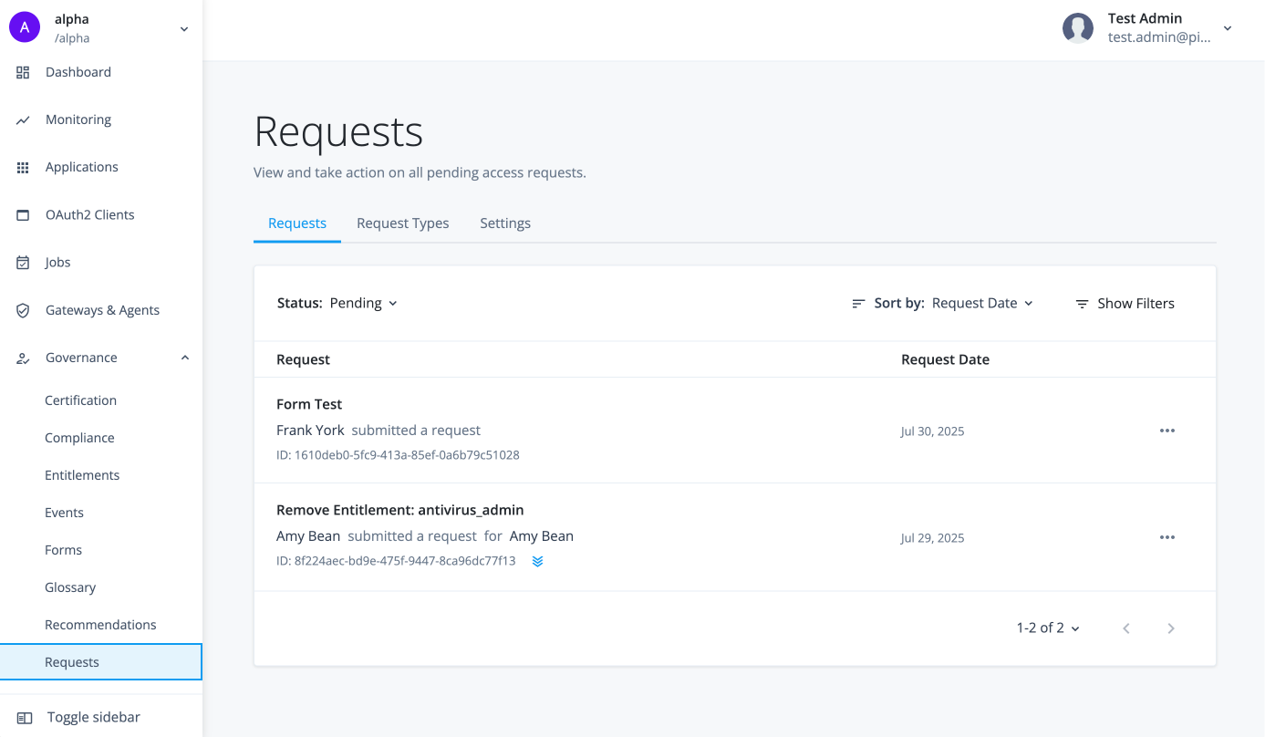 Governance requests page displays any outstanding pending requests.