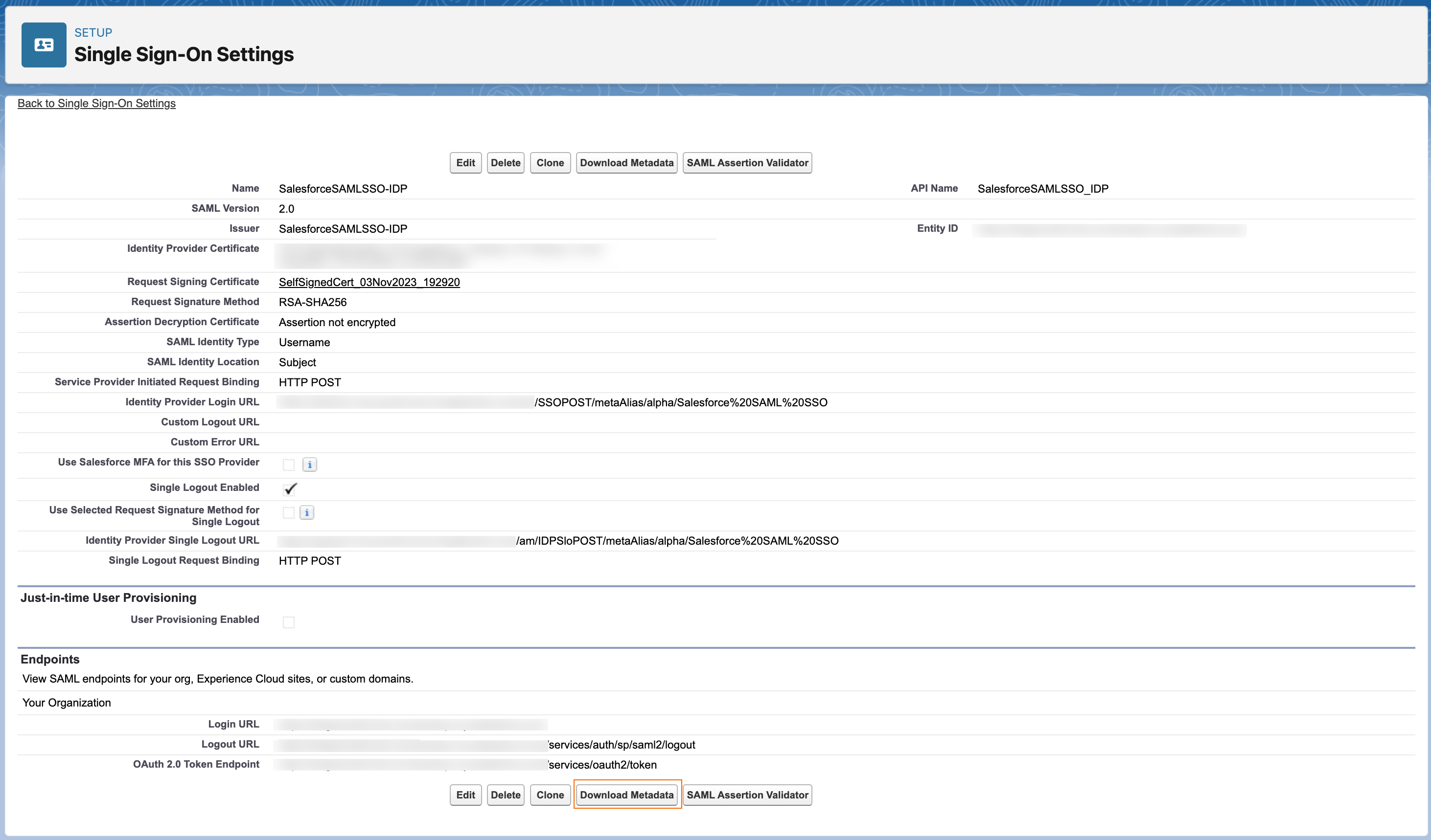 Salesforce SP SSO settings