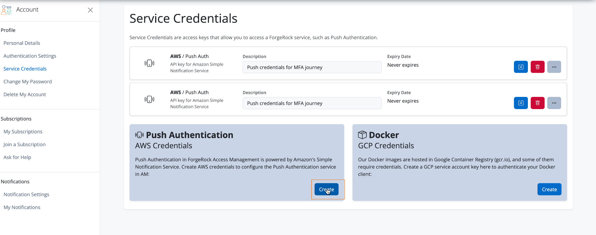 The push credentials page in Backstage