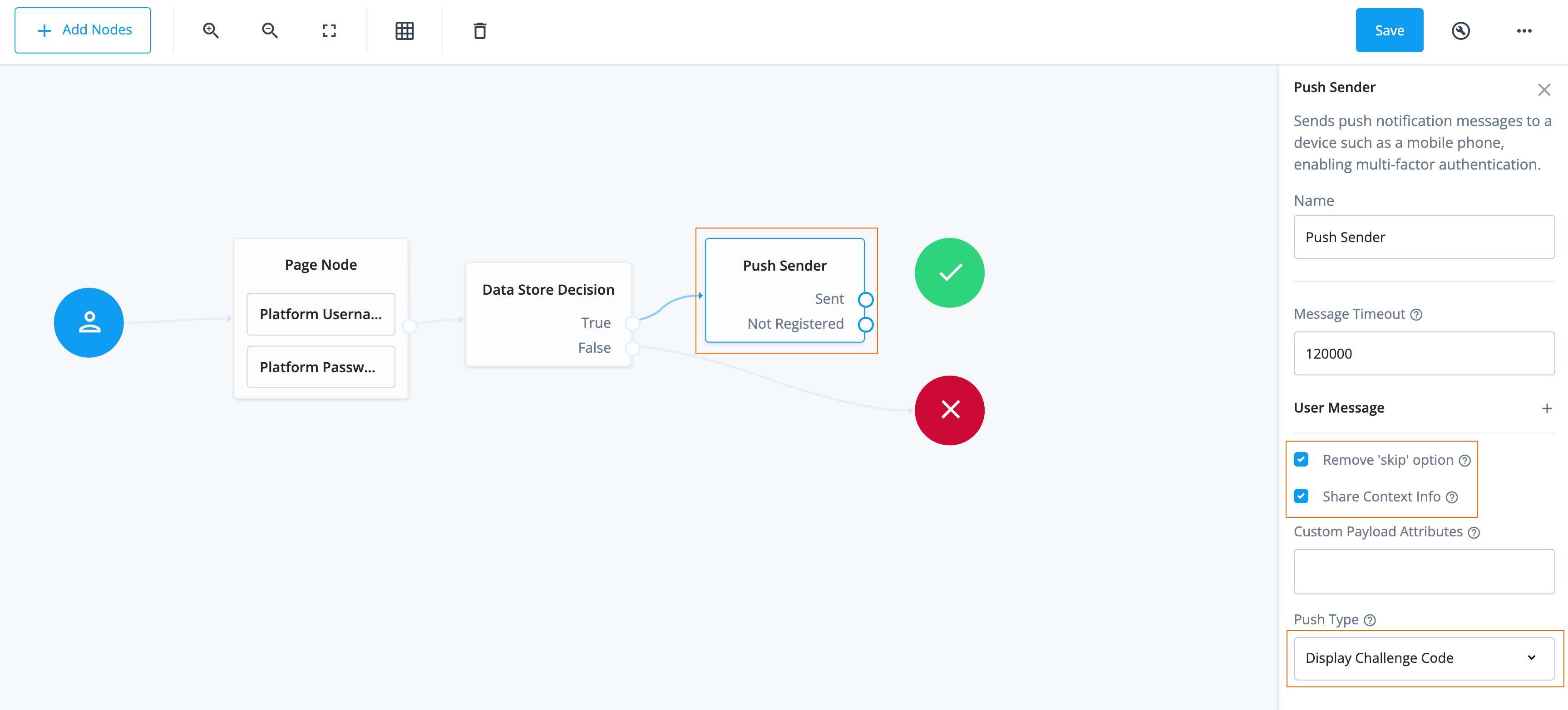 The push sender node configuration settings