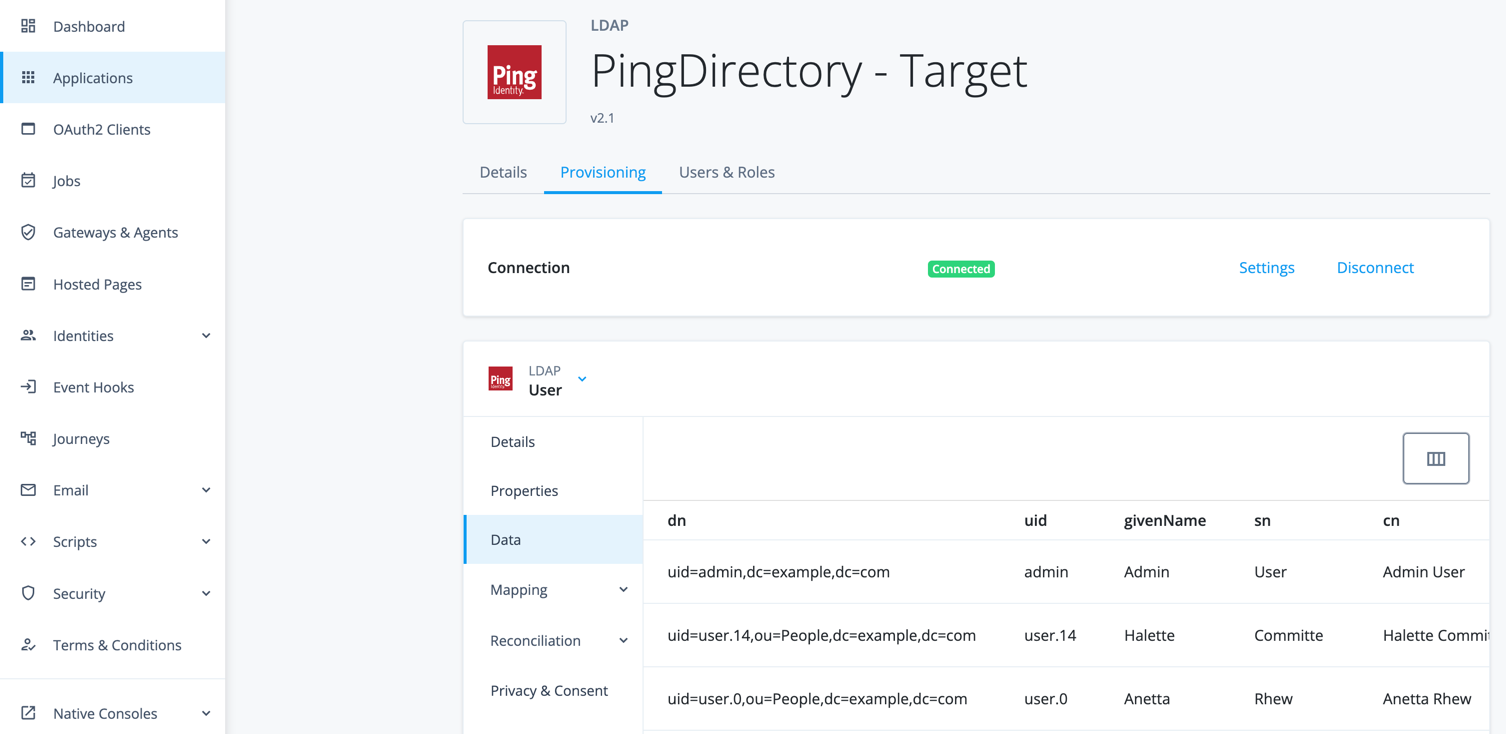 Advanced Identity Cloud connected to a PingDirectory server using the LDAP app template