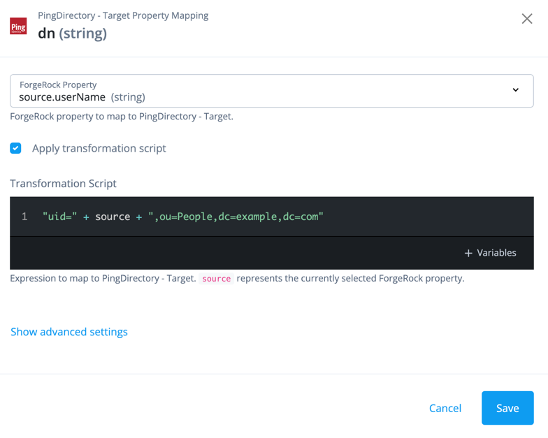 Adding a transformation script to create the distinguished name (dn) in the PingDirectory server