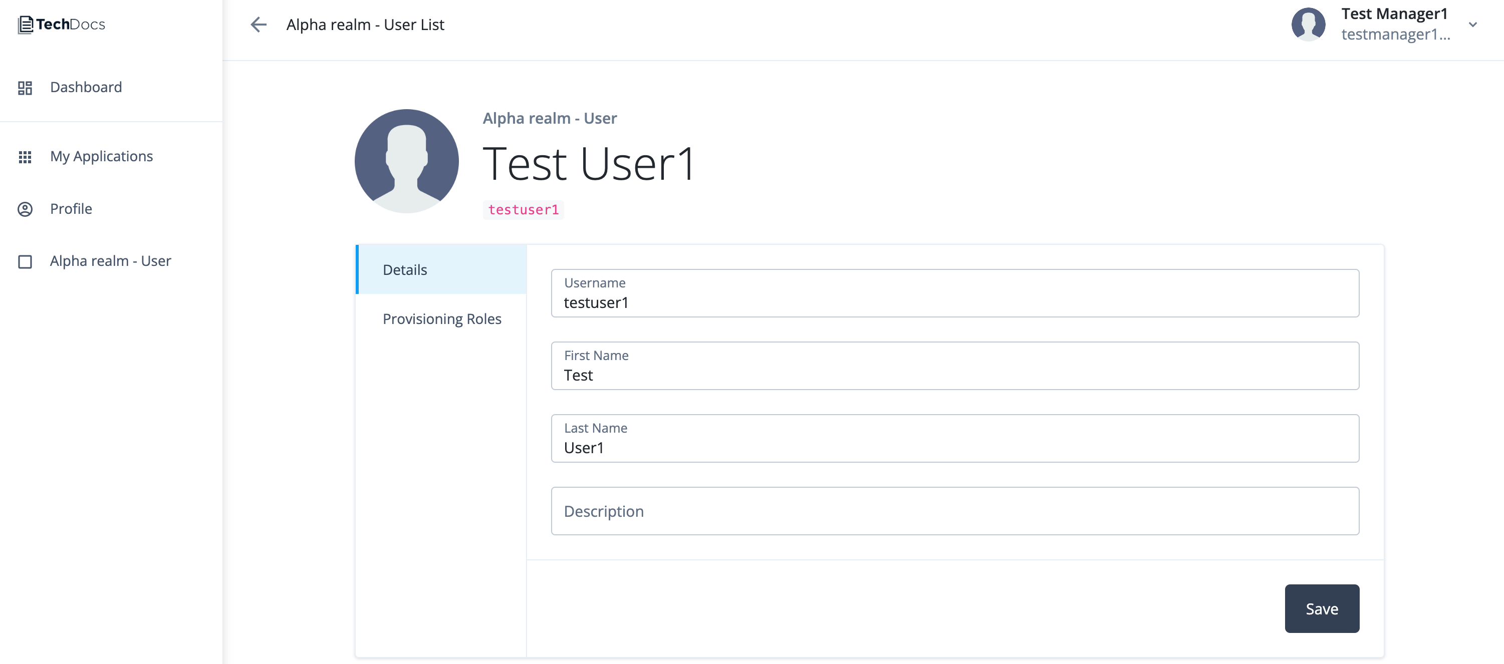 Testuser1 details in Advanced Identity Cloud end-user UI 