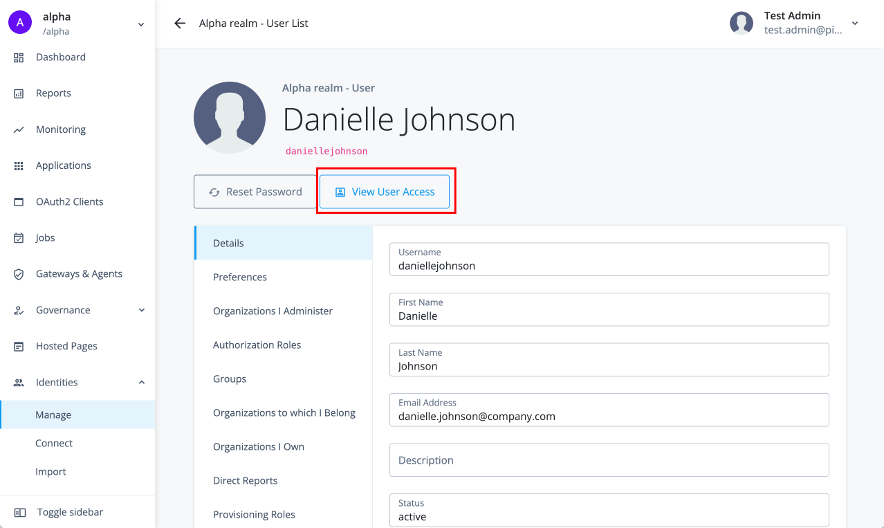 User access graph showing relationships between a user, roles, applications, and entitlements with filter controls.