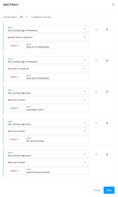 UI example of the add filter modal for historical data reports