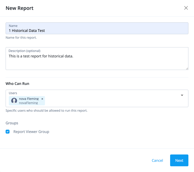 UI example of the new report modal for historical data reports