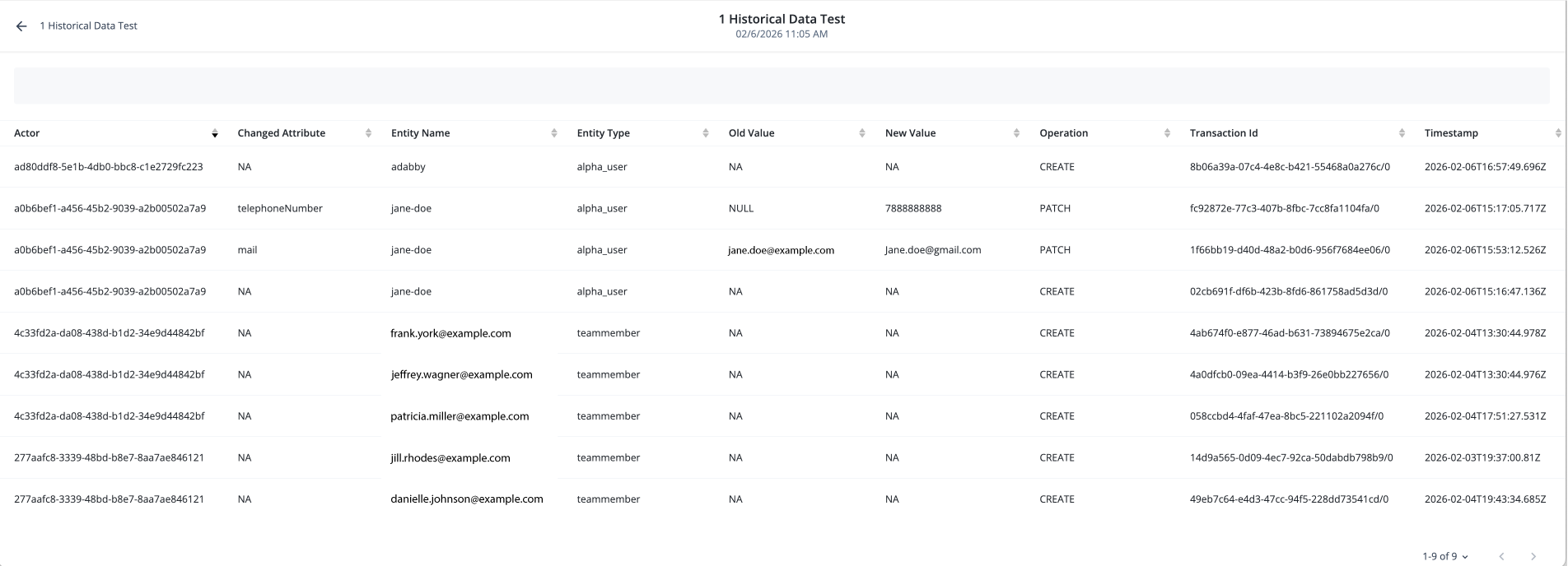 UI example of the report results for a historical data report