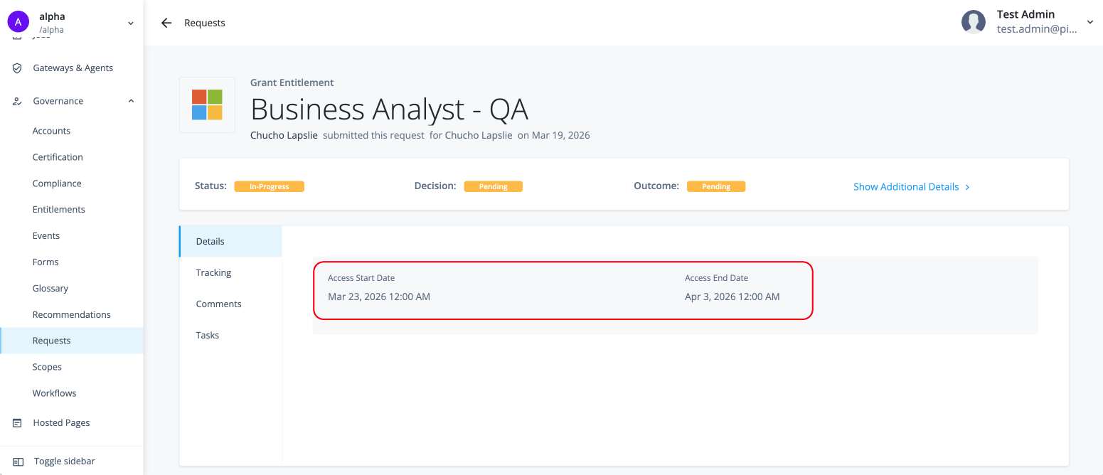The request details page showing the start and end date fields.