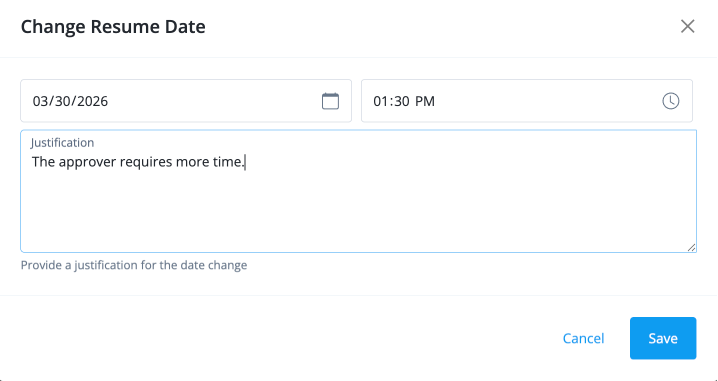 The change resume date option for a suspended request.