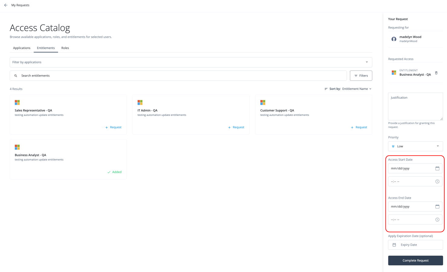 The new request page showing the start and end date fields.