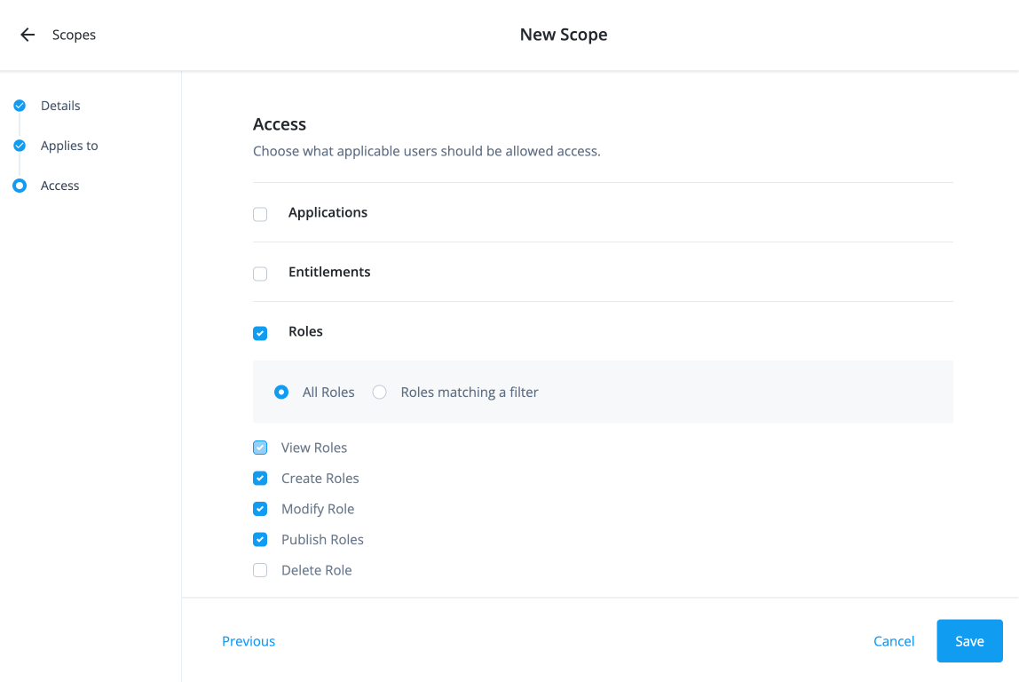 Screen capture of the New Scope page showing the Access tab with Roles selected and four permission checkboxes: Create Roles, Modify Role, Publish Roles, and Delete Role, plus a Save button.