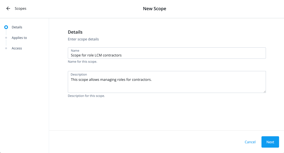 Screen capture of the New Scope page showing the Details tab with Name field containing 'Role LCM scope for contractors' and Description field with explanatory text, and a Next button at the bottom.