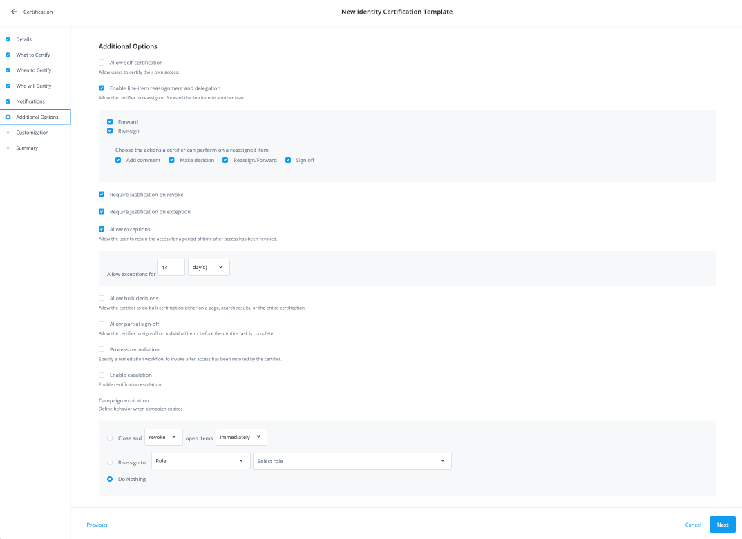 Additional options page showing various checkboxes for line-item reassignment, justification requirements, exception handling, and campaign expiration