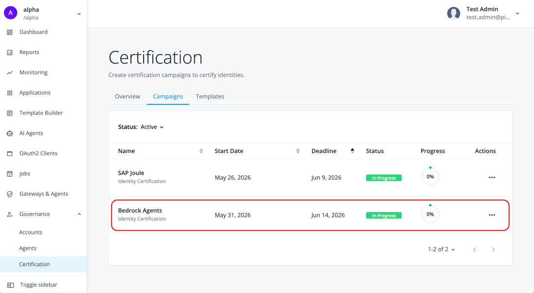 Campaigns page showing a list of certification campaigns with their name, template, type, status, start date, end date, and actions columns