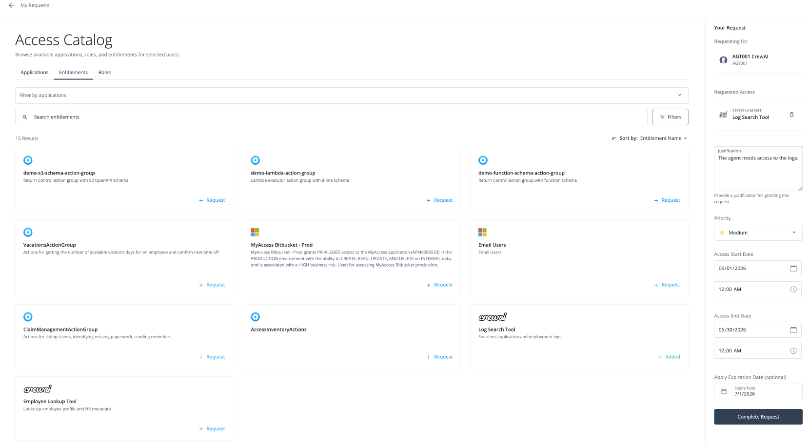 Screen capture of the My Requests page showing access request details.