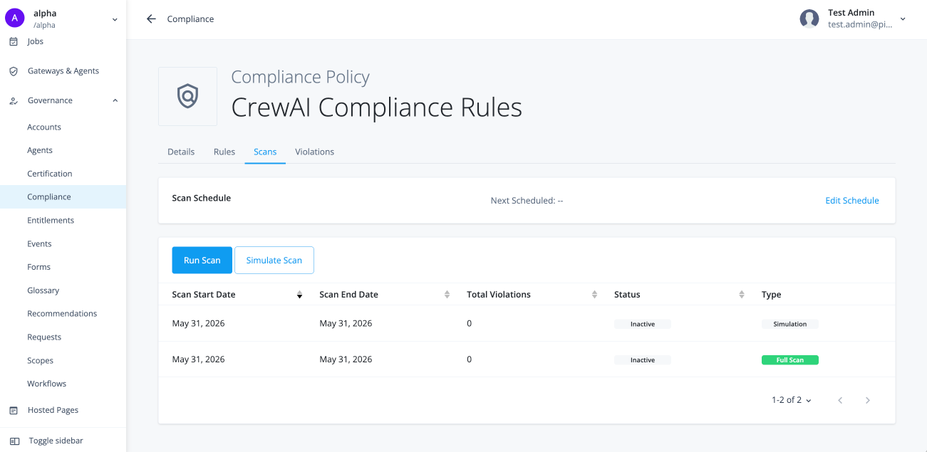 Policy rule scans page showing a list of violations with columns for identity, violation, status, and actions