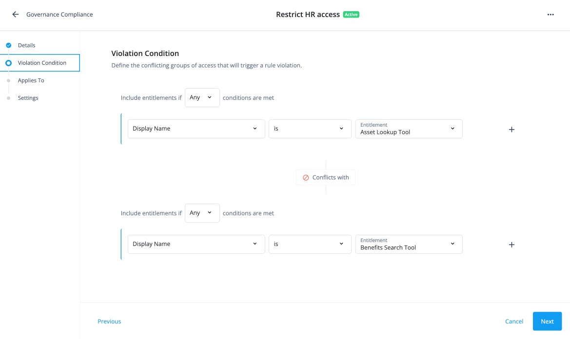 Policy rule configuration page showing the details, violation condition, applies to, and settings sections with various options for each