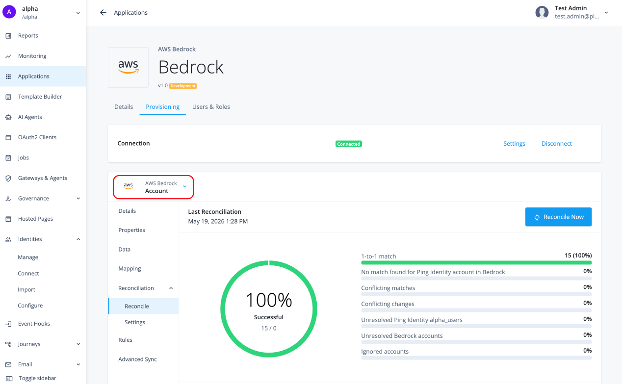Reconciliation page showing the Account object type with a Reconcile Now button