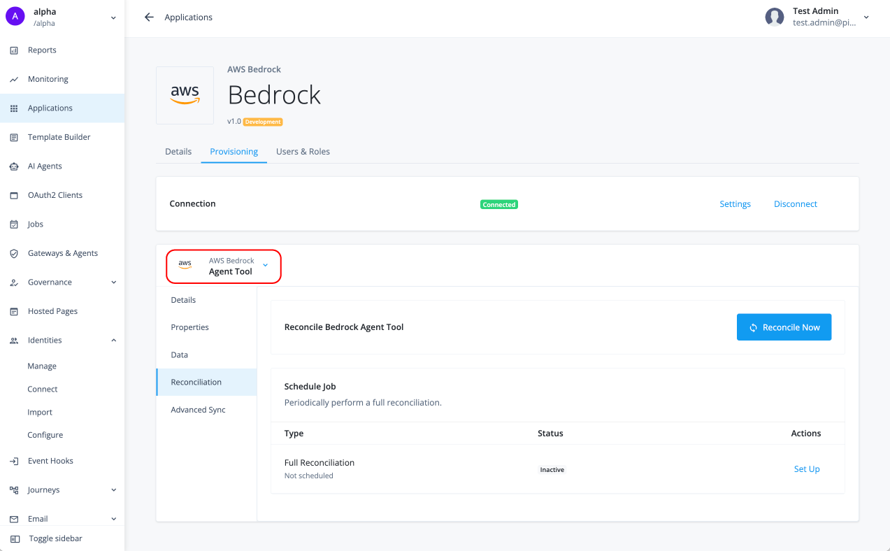 Reconciliation page showing the Agent Tool object type with a Reconcile Now button