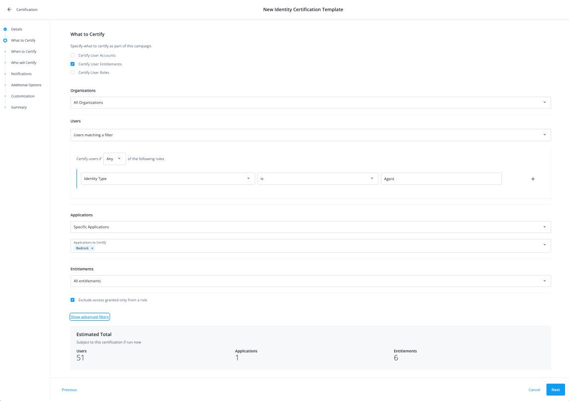 Screen capture showing certification options: certify user entitlements, select organizations, filter by identity type, select specific applications, choose entitlements.