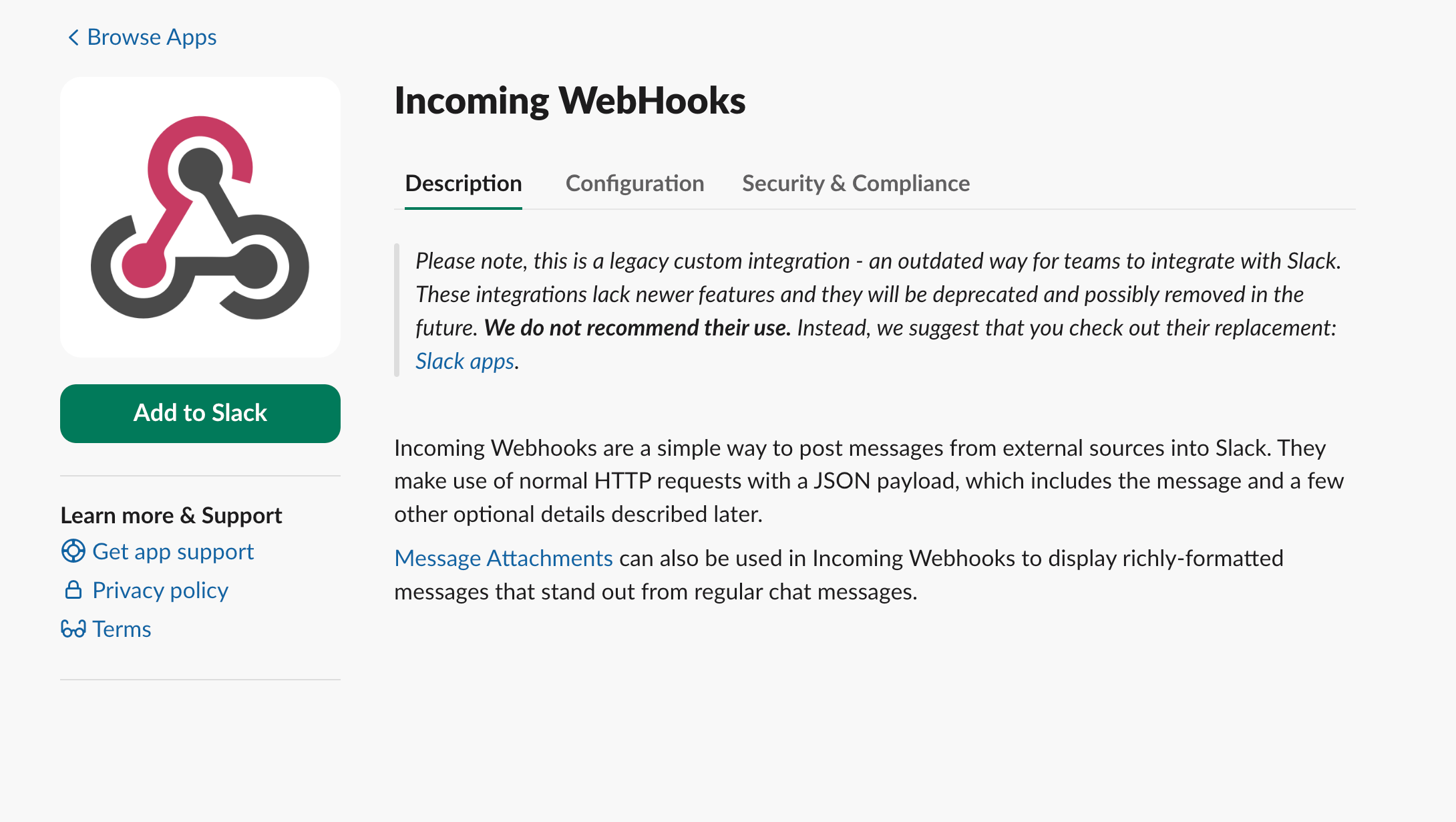 The Incoming Webhooks integration page in the Slack App Directory.
