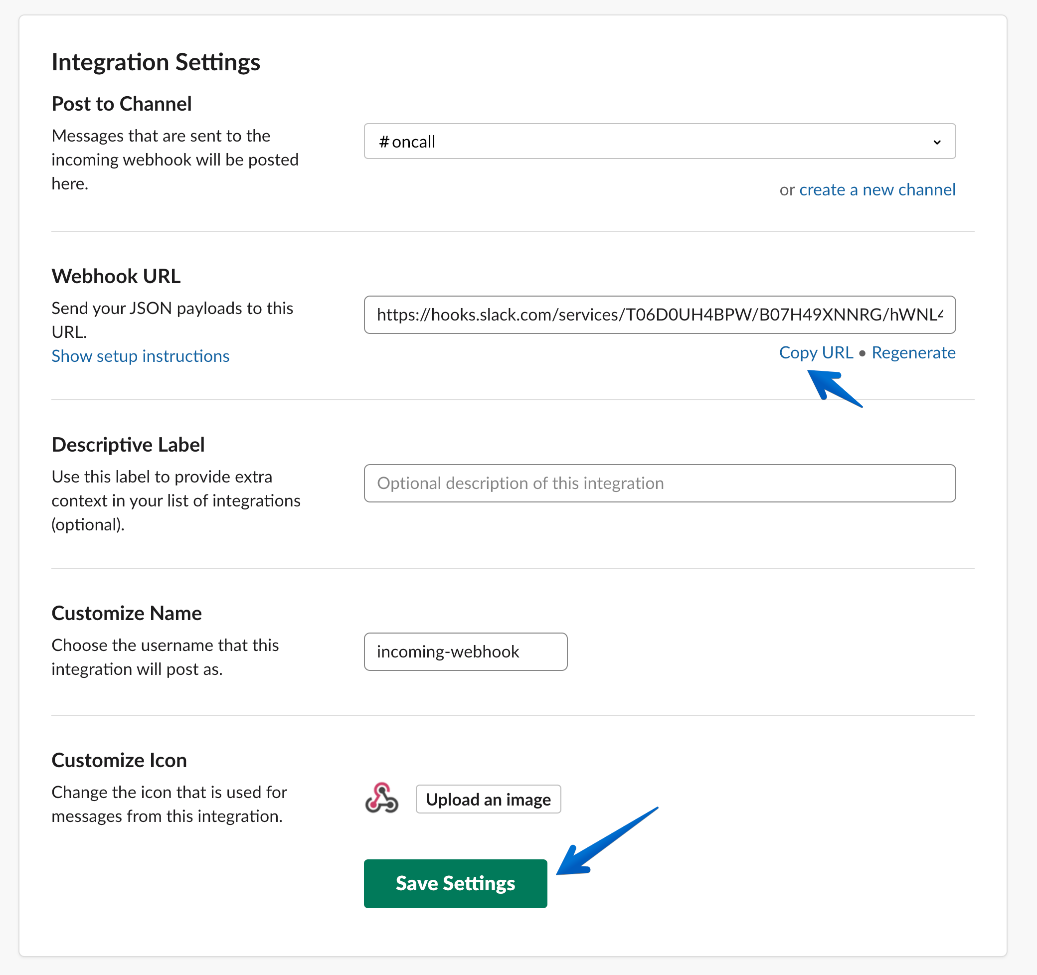The Integration Settings menu. The Webhook URL and Save Settings buttons are indicated by arrows.