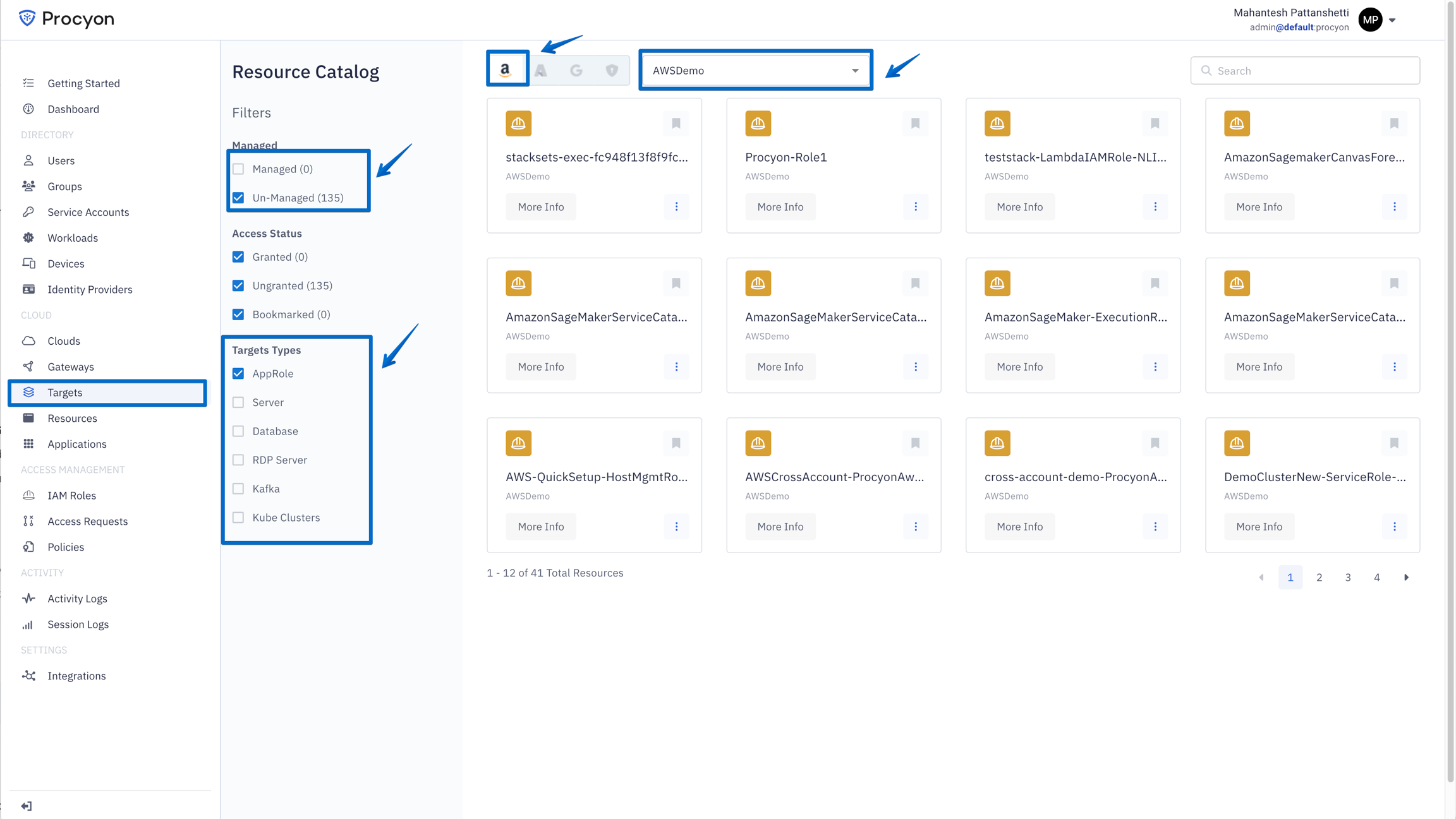 A variety of filters help you display specific Target resources.