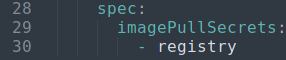 JSON fragment showing how to specify imagePullSecrets