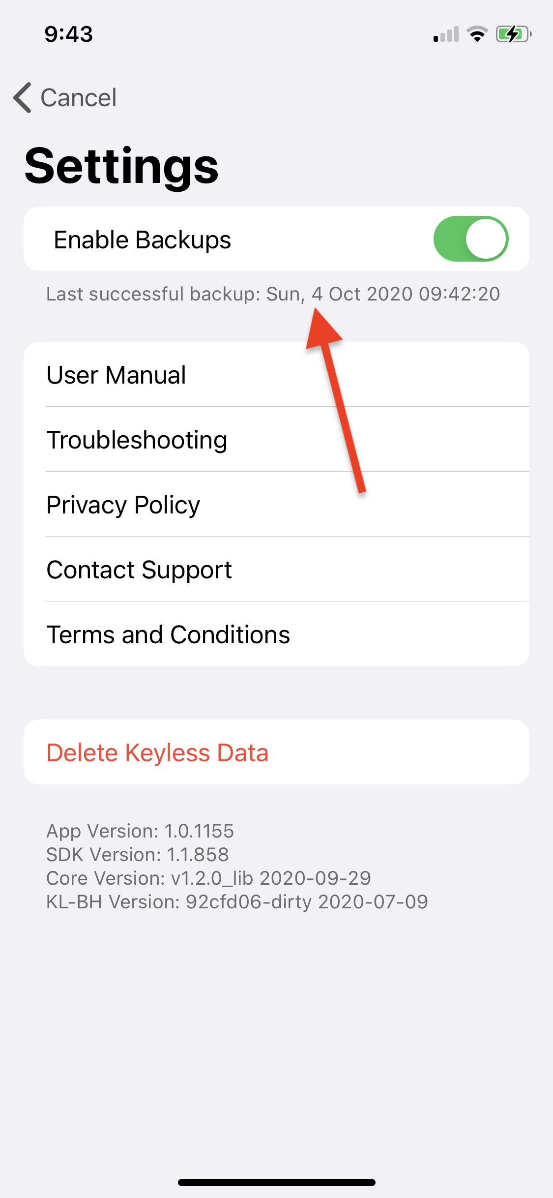 Enable backups from the Settings menu