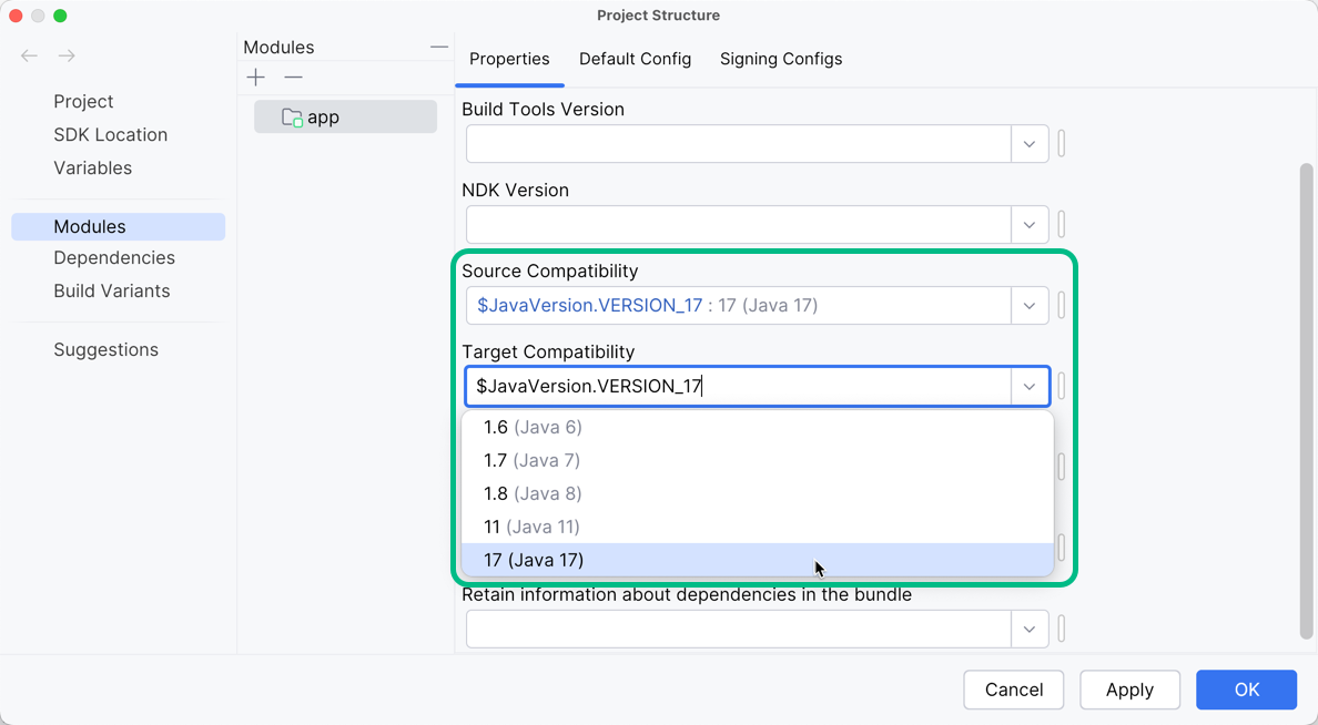 Selecting the Java version for a project in Android Studio