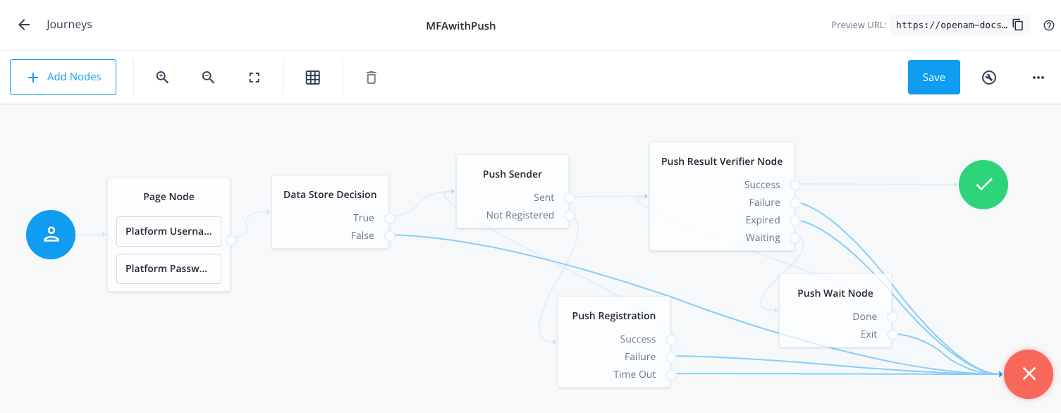 Connect the nodes to identify the user, send a push notification, and very the result.