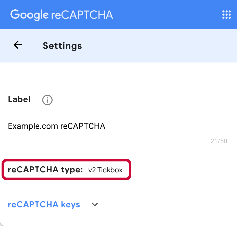 recaptcha v2 google settings en