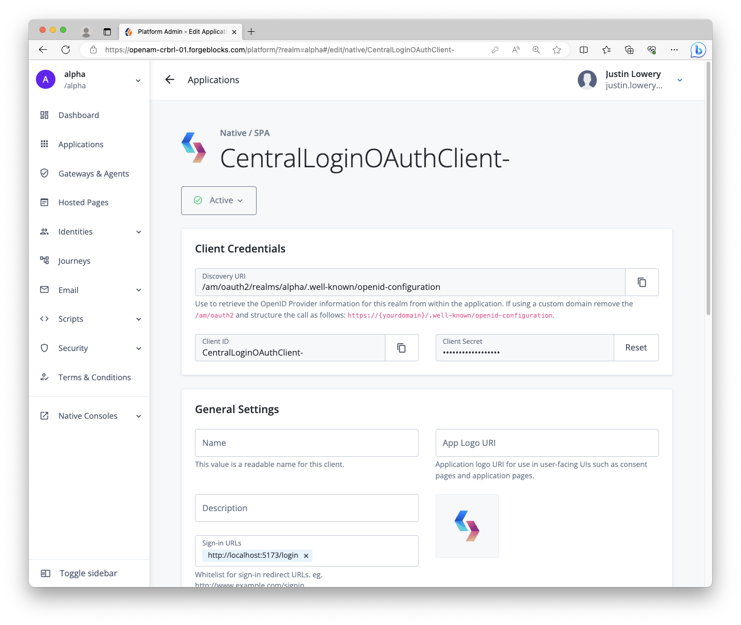 Screenshot of a Centralized Login OAuth 2.0 client configuration in Identity Cloud