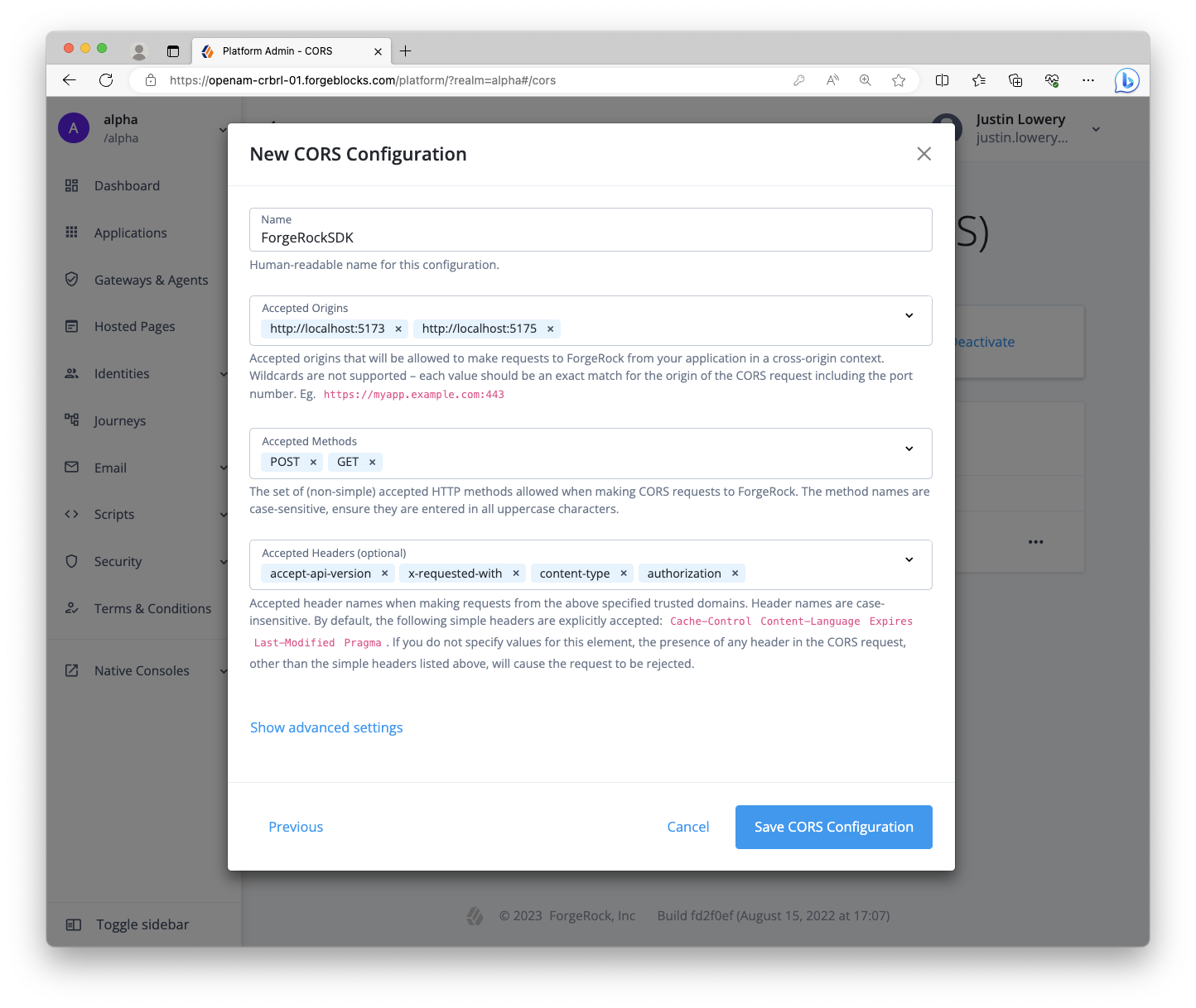 Screenshot of Token Vault CORS configuration with two origins in Identity Cloud