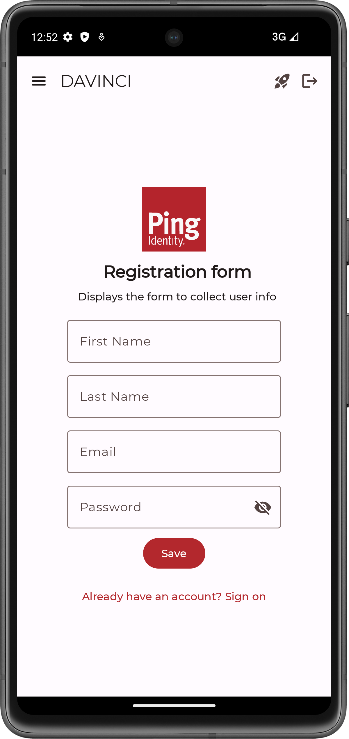 The DaVinci sample app registration screen