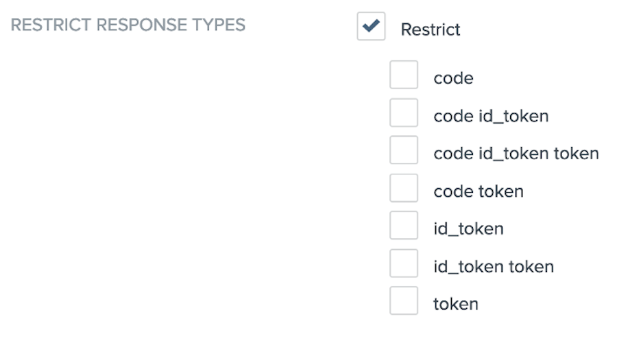 Screen capture the Restrict Response Types option with the check box for Restrict selected. After this check box is a list of options and check boxes for response types to restrict. The options are code, code id_token, code id_token token, code token, id_token, id_token token, token.