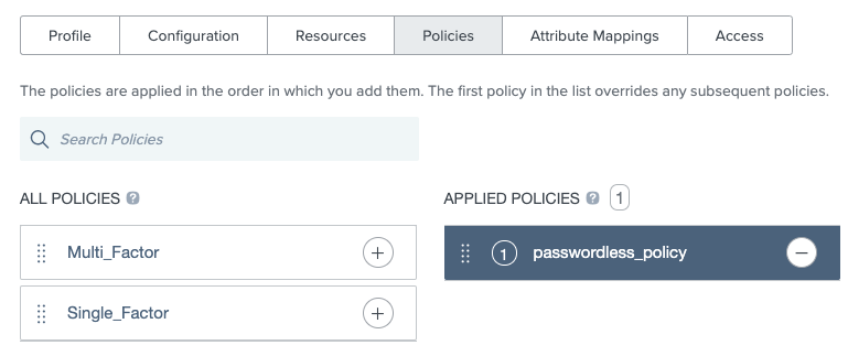 Screen capture of the Policies tab. Applied Policy has passwordless_policy added to it