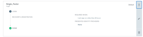 Screen capture of the expanded Single_Factor authentication policy with a summary of its login, recovery and registration, required when, and presented identity providers configuration details.