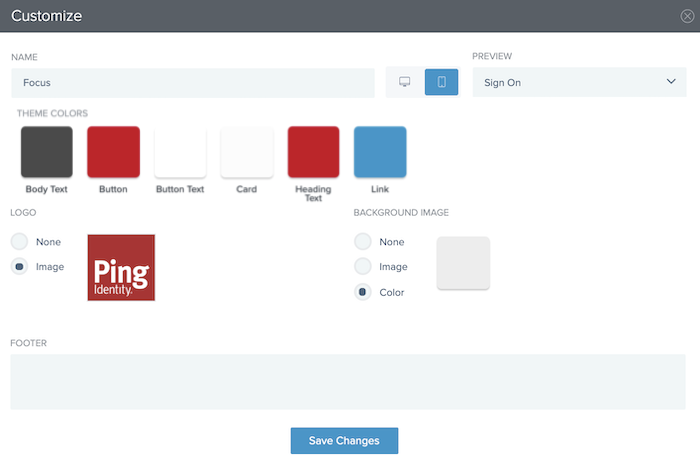 Screen capture illustrating the Customize window for PingOne themes editor.