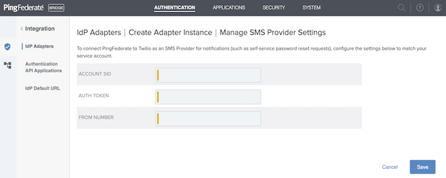 A screen capture of the Manage SMS Provider Settings window configuration in to connect to an SMS Provider. The user can edit the Account SID, Auth Token, and From Number fields to match their service account. The user can click Save to save their changes or Cancel to undo any new changes.