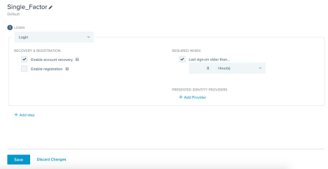 Screen capture of the edit page for the Single_Factor policy. There are modifiable configurations for Login, Recovery & Registration, Requested When, and Presented Identity Providers. The Recovery & Registration section has check boxes for Enable account recovery and Enable registration. The Enable account recovery check box is selected.