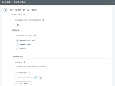 Screen capture showing how to configure the Allowed Grant Type authorization setting and where to add a secret for the OIDC application.