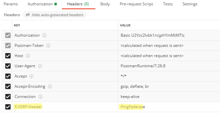 Screen capture of the contents of the Headers tab in Postman with the X-XSRF-Header key and the value highlighted.