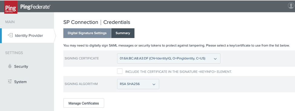 Screenshot of Identity Provider SP Connection window Summary tab to verify your entries.