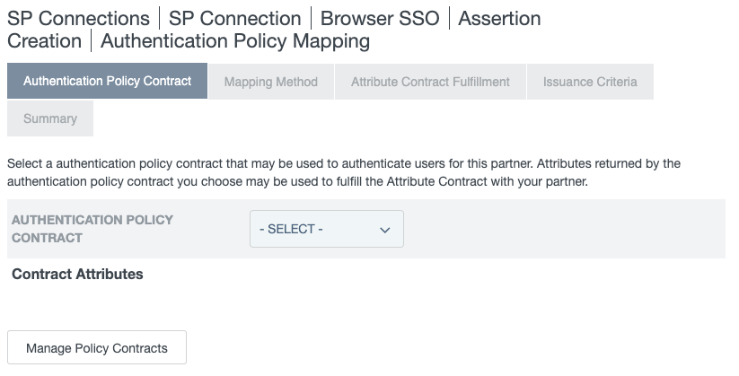 Screen capture showing the Authentication Policy Contract tab on the Authentication Policy Mapping page