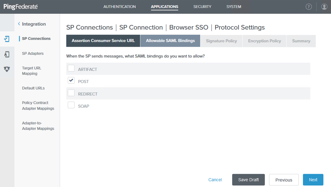 A screen capture of the Allowable SAML Bindings tab in the administrative console.