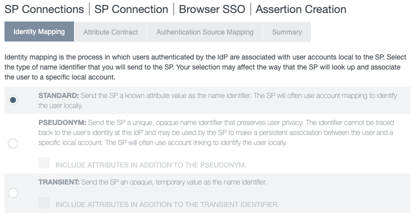 Screen capture showing the Identity Mapping tab on the Assertion Creation page with the "Standard" option selected.