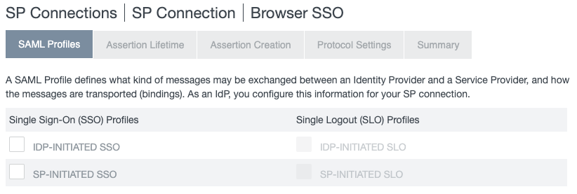 Screen capture showing the SAML Profiles tab on the Browser SSO page