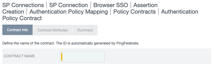 Screen capture showing the Contract Info tab on the Authentication Policy Contract page